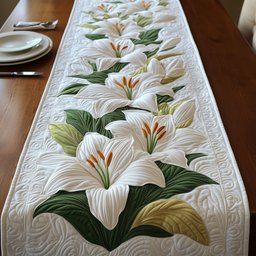 White Lilies on Ivory Quilt Table Runner - Made to Order TABLE928