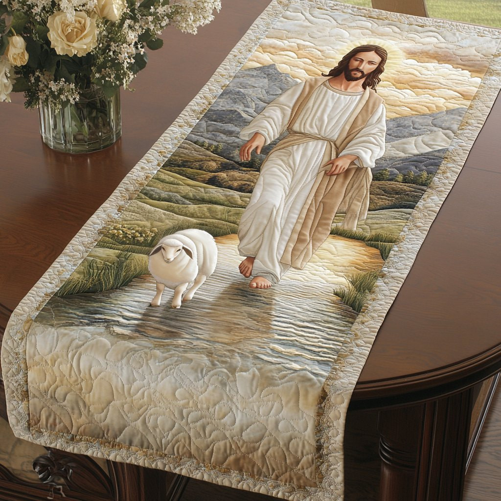 White Robed Figure Walking with a Lamb Table Runner - Made to Order TABLE928