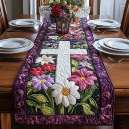 White Cross with Daisies and Blossoms Table Runner - Made to Order TABLE928