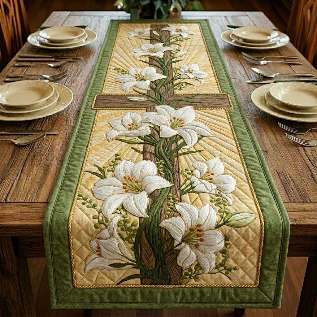 White Lilies on Green Panel Table Runner - Made to Order TABLE928