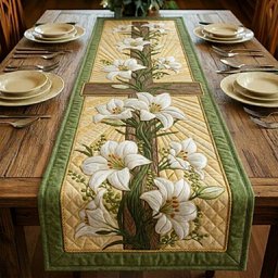 White Lilies on Green Panel Table Runner - Made to Order TABLE928