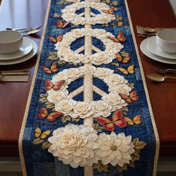 White Blossom Peace Signs on Navy Table Runner - Made to Order TABLE928