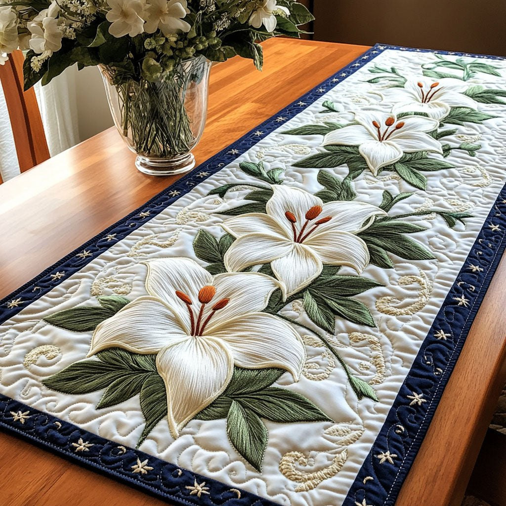 White Lilies on Green Leaves Table Runner - Made to Order TABLE928