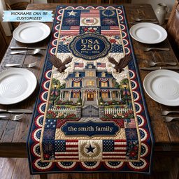 USA 250 House with Flag Border Table Runner - Made to Order TABLE928