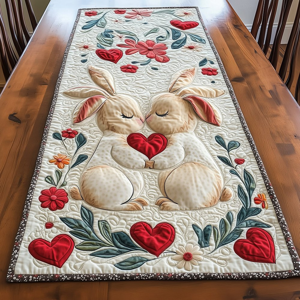 White Bunnies with Hearts and Sage Leaves Table Runner - Made to Order TABLE928