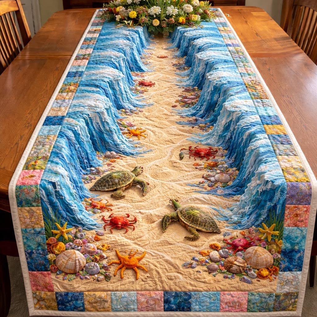 Turtles Crabs and Starfish on Shore Table Runner - Made to Order TABLE928