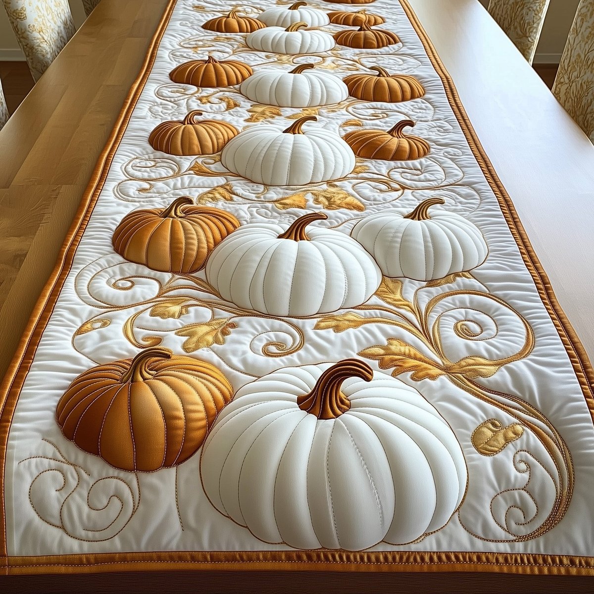 White and Gold Pumpkins with Swirls Table Runner - Made to Order TABLE928