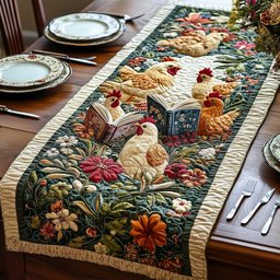 White Hens Reading Among Flowers Table Runner - Made to Order TABLE928