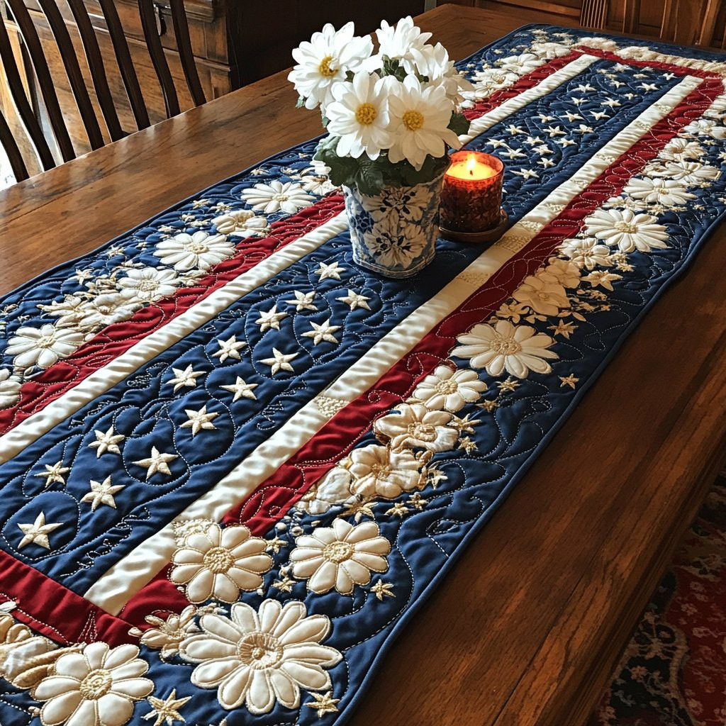 White Daisies on Flag Stripes Table Runner - Made to Order TABLE928