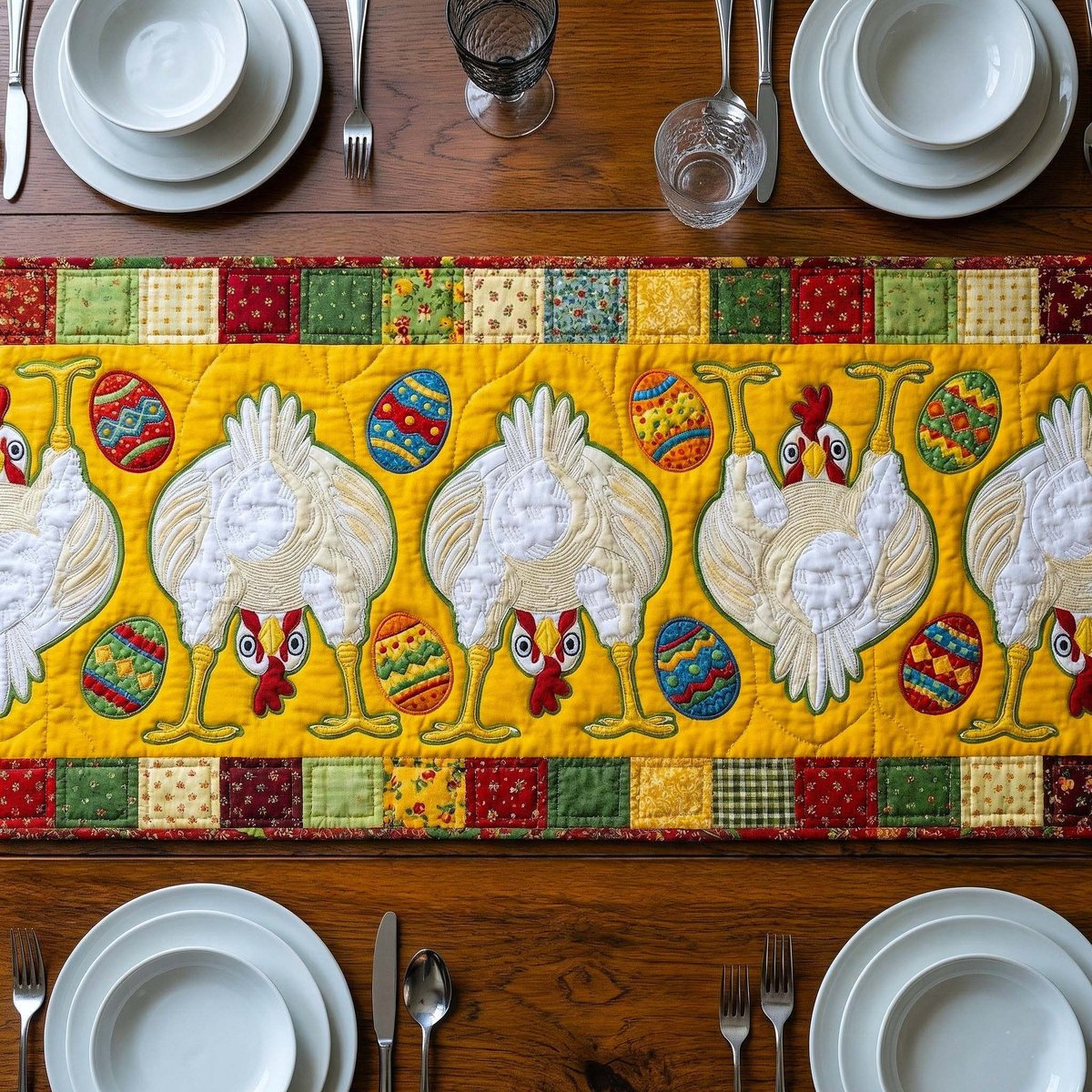 White Hens with Eggs on Yellow Table Runner - Made to Order TABLE928