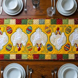 White Hens with Eggs on Yellow Table Runner - Made to Order TABLE928