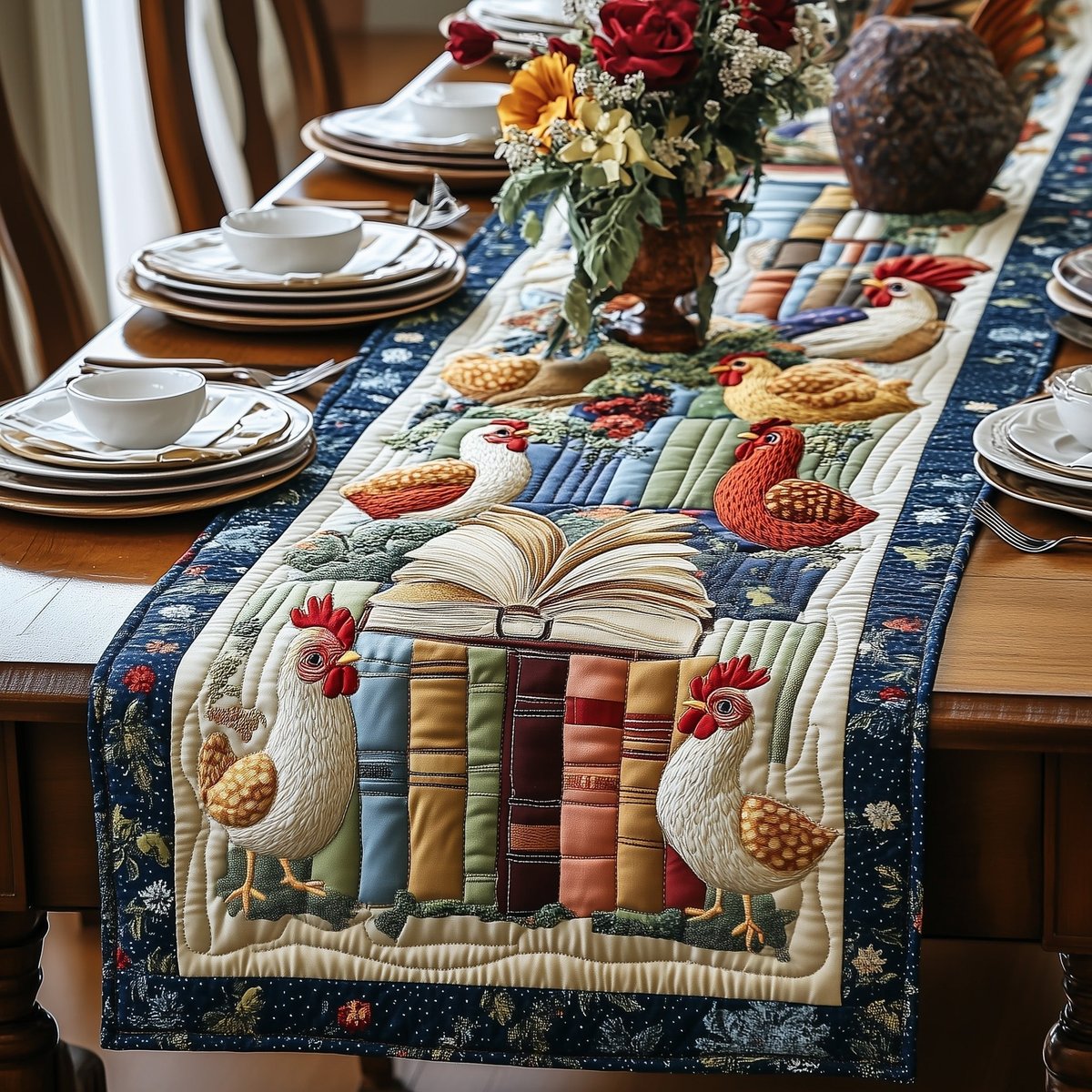 White Hens Among Library Books Table Runner - Made to Order TABLE928