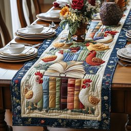 White Hens Among Library Books Table Runner - Made to Order TABLE928