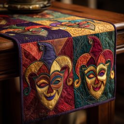 Two Jester Masks in Red and Green Table Runner - Made to Order TABLE928