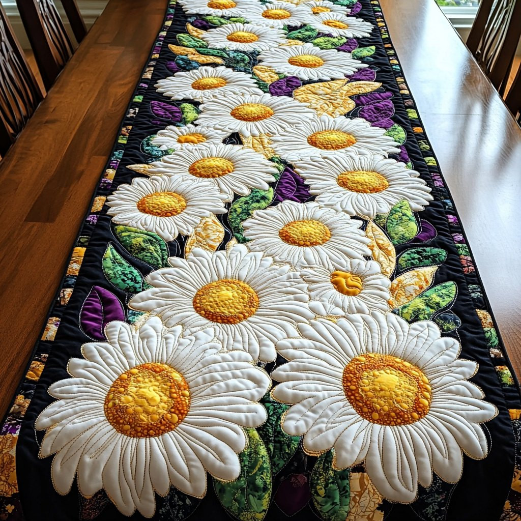 White Daisies on Green Leaves Table Runner - Made to Order TABLE928