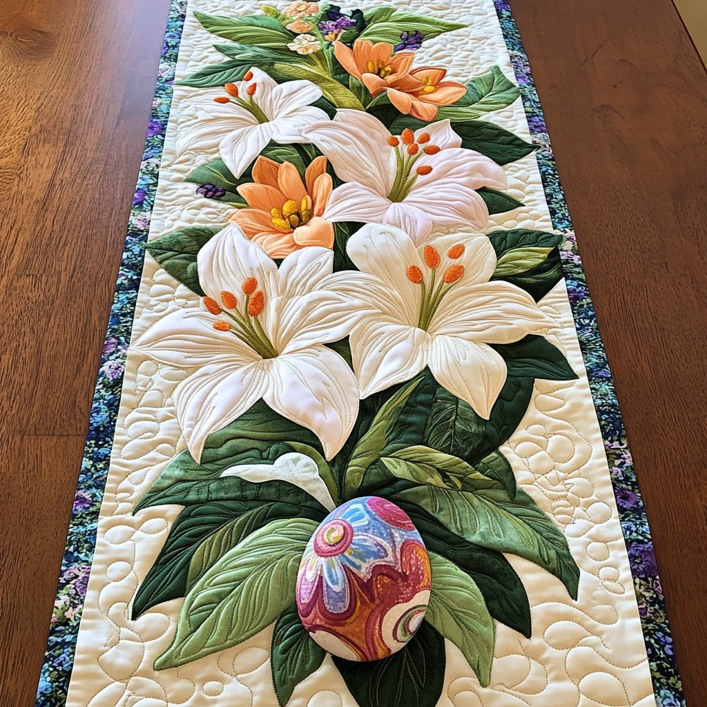 White Lilies with a Painted Egg Table Runner - Made to Order TABLE928