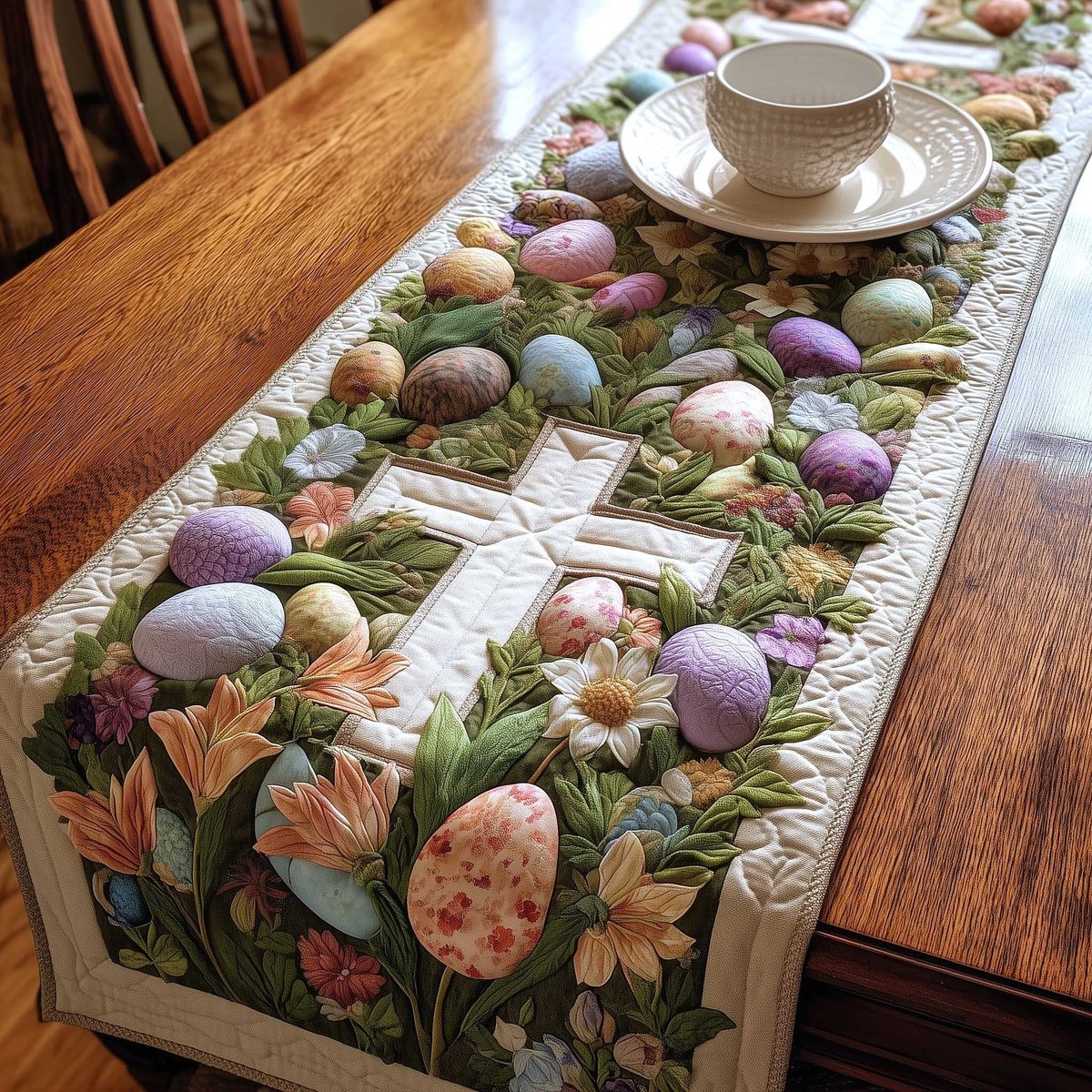 White Cross with Eggs and Flowers Table Runner - Made to Order TABLE928