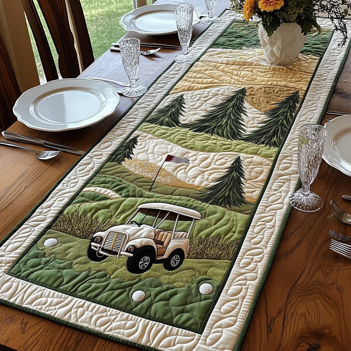 White Golf Cart Among Pines Table Runner - Made to Order TABLE928