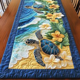 Turtle with Yellow Frangipani Flowers Table Runner - Made to Order TABLE928