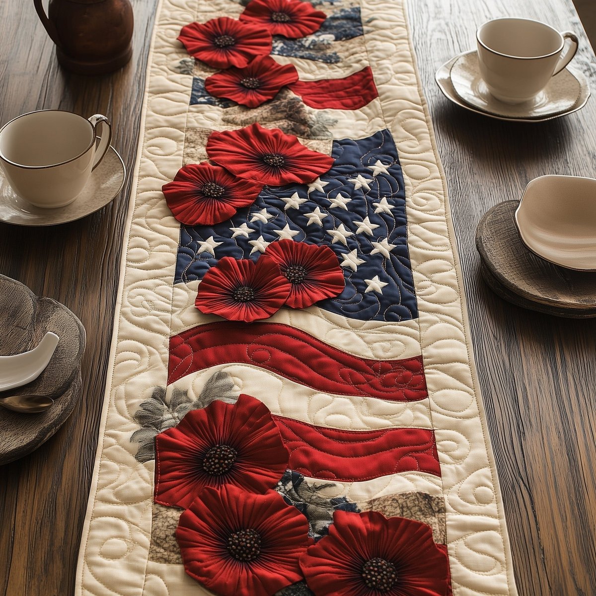 Two Poppies on Star Field Table Runner - Made to Order TABLE928
