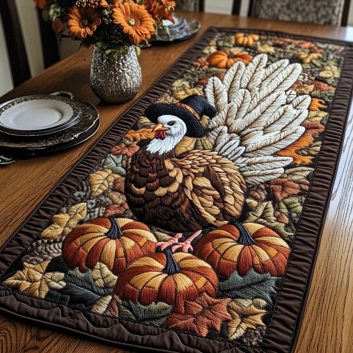 White Feathered Turkey with Pumpkins Table Runner - Made to Order TABLE928