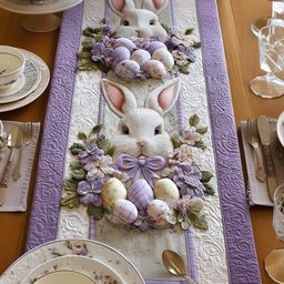 White Bunny in a Purple Wreath Table Runner - Made to Order TABLE928