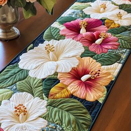 White and Pink Hibiscus Blooms Table Runner - Made to Order TABLE928