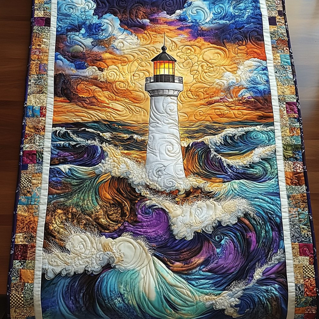 White Lighthouse Above Golden Waves Table Runner - Made to Order TABLE928
