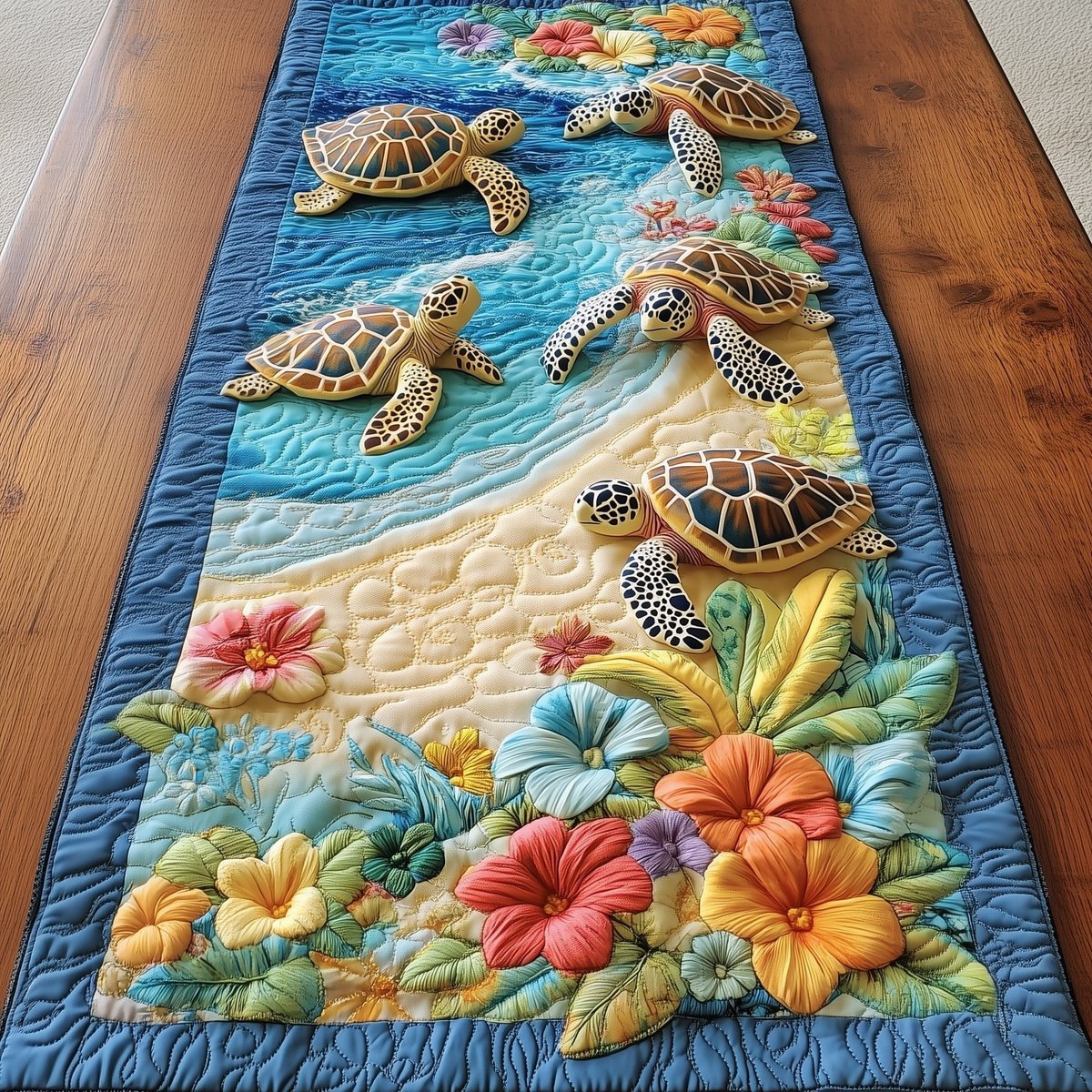 Turtles with Hibiscus on Sandy Shore Table Runner - Made to Order TABLE928