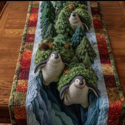 Two Penguins in Green Wreath Table Runner - Made to Order TABLE928