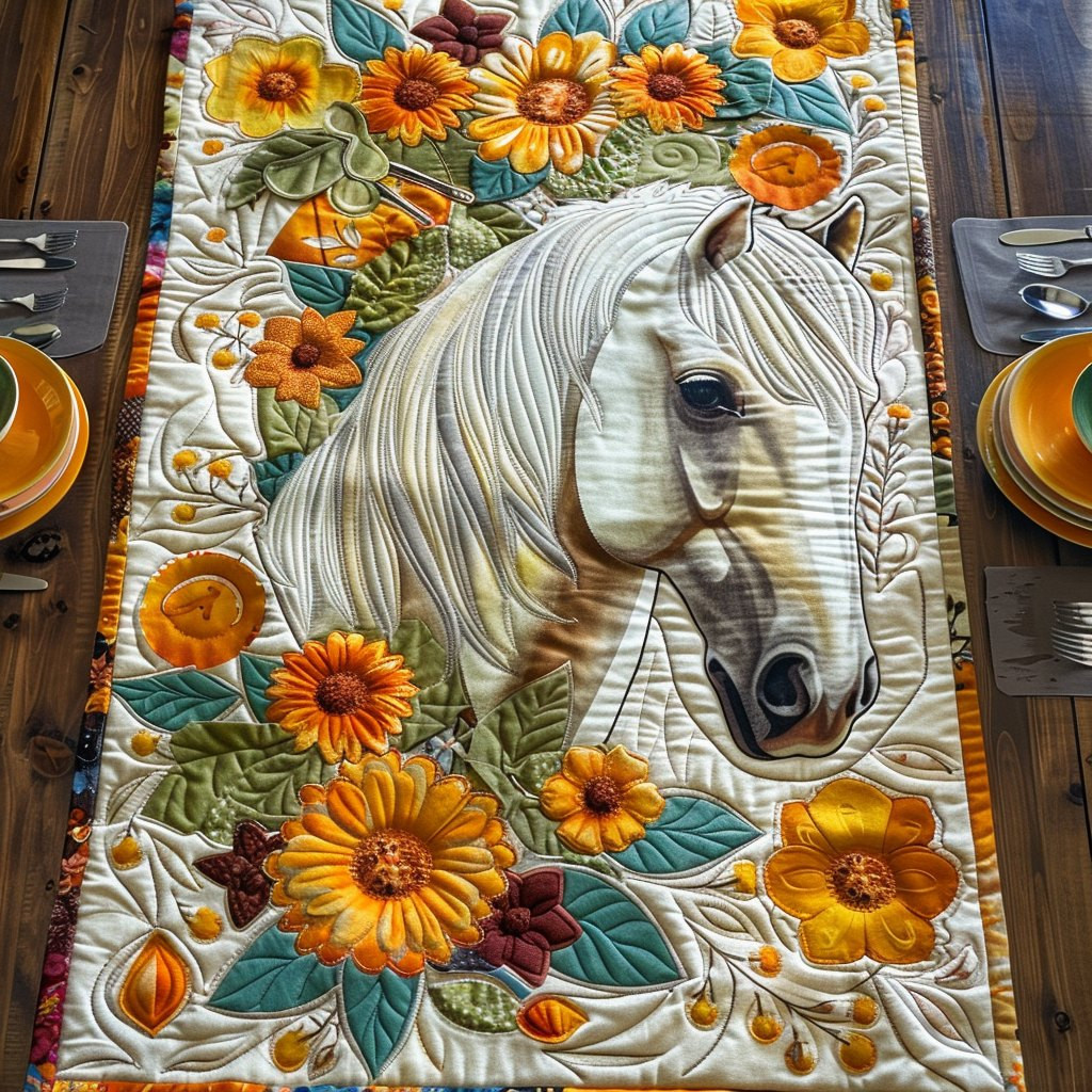 White Horse Among Yellow Blooms Table Runner - Made to Order TABLE928
