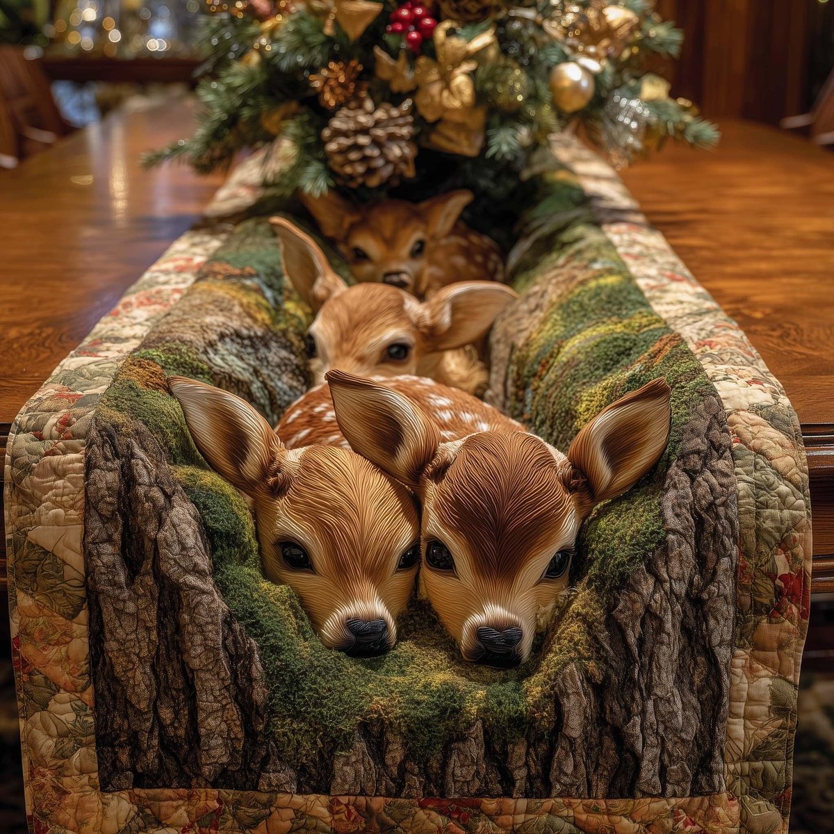 Two Fawns Resting on a Log Table Runner - Made to Order TABLE928
