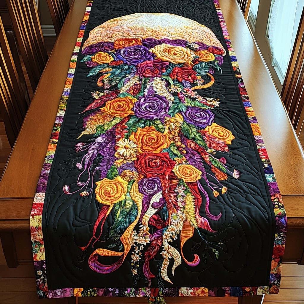 Vivid Bouquet on Black Table Runner - Made to Order TABLE928