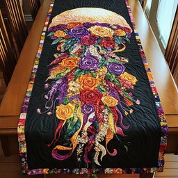 Vivid Bouquet on Black Table Runner - Made to Order TABLE928