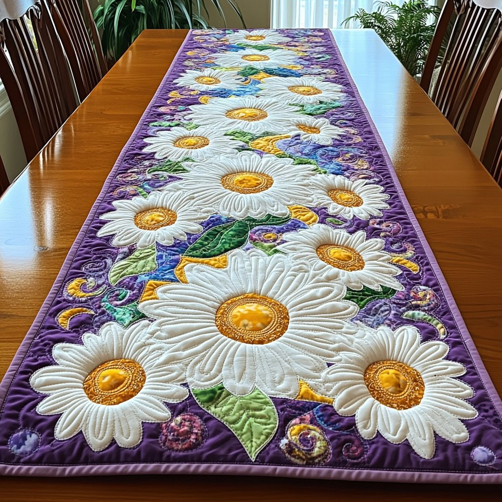 White Daisies with Purple Border Table Runner - Made to Order TABLE928