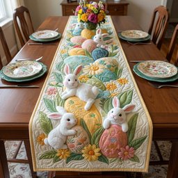 White Bunnies with Pastel Eggs Table Runner - Made to Order TABLE928