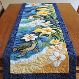 Turtles with White Plumeria on Beach Table Runner - Made to Order TABLE928
