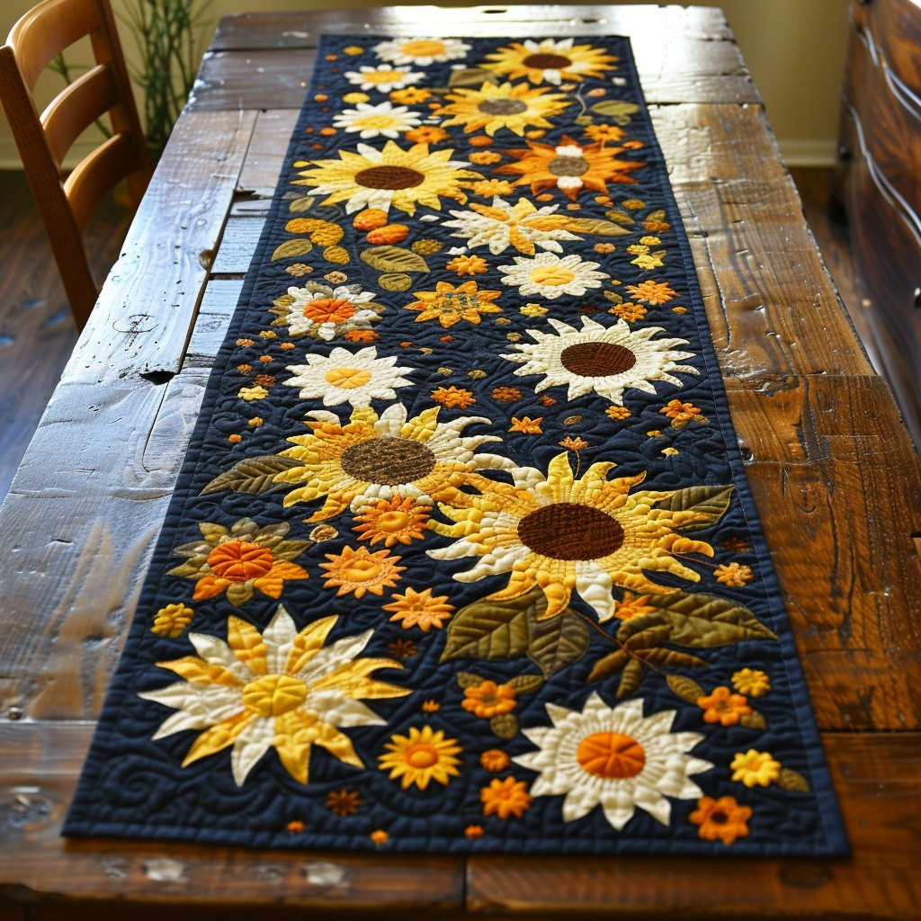 White and Yellow Sunflowers on Navy Table Runner - Made to Order TABLE928