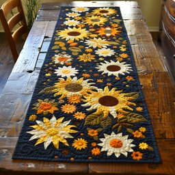 White and Yellow Sunflowers on Navy Table Runner - Made to Order TABLE928