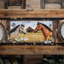 Two Horses in Framed Pasture Table Runner - Made to Order TABLE928
