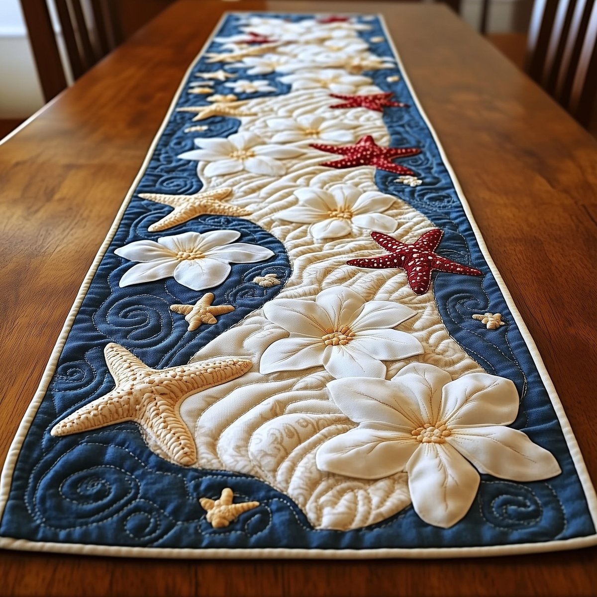White Blooms and Red Starfish on Navy Table Runner - Made to Order TABLE928
