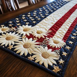 White Daisies on Stars and Stripes Table Runner - Made to Order TABLE928
