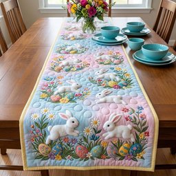White Bunnies in a Blue Spring Meadow Table Runner - Made to Order TABLE928