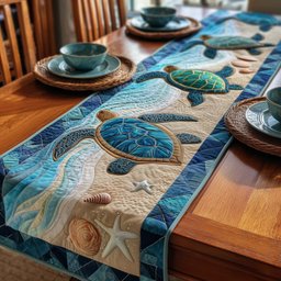 Turtles on Sand and Blue Water Table Runner - Made to Order TABLE928