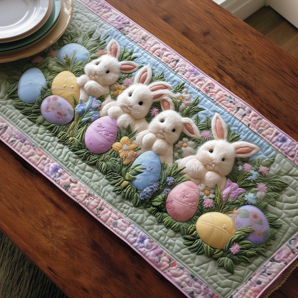 White Bunnies with Pastel Easter Eggs Table Runner - Made to Order TABLE928