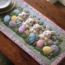 White Bunnies with Pastel Easter Eggs Table Runner - Made to Order TABLE928