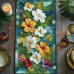 White and Yellow Hibiscus on Green Table Runner - Made to Order TABLE928
