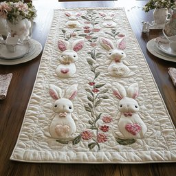 White Bunnies on Cream with Flowers Table Runner - Made to Order TABLE928