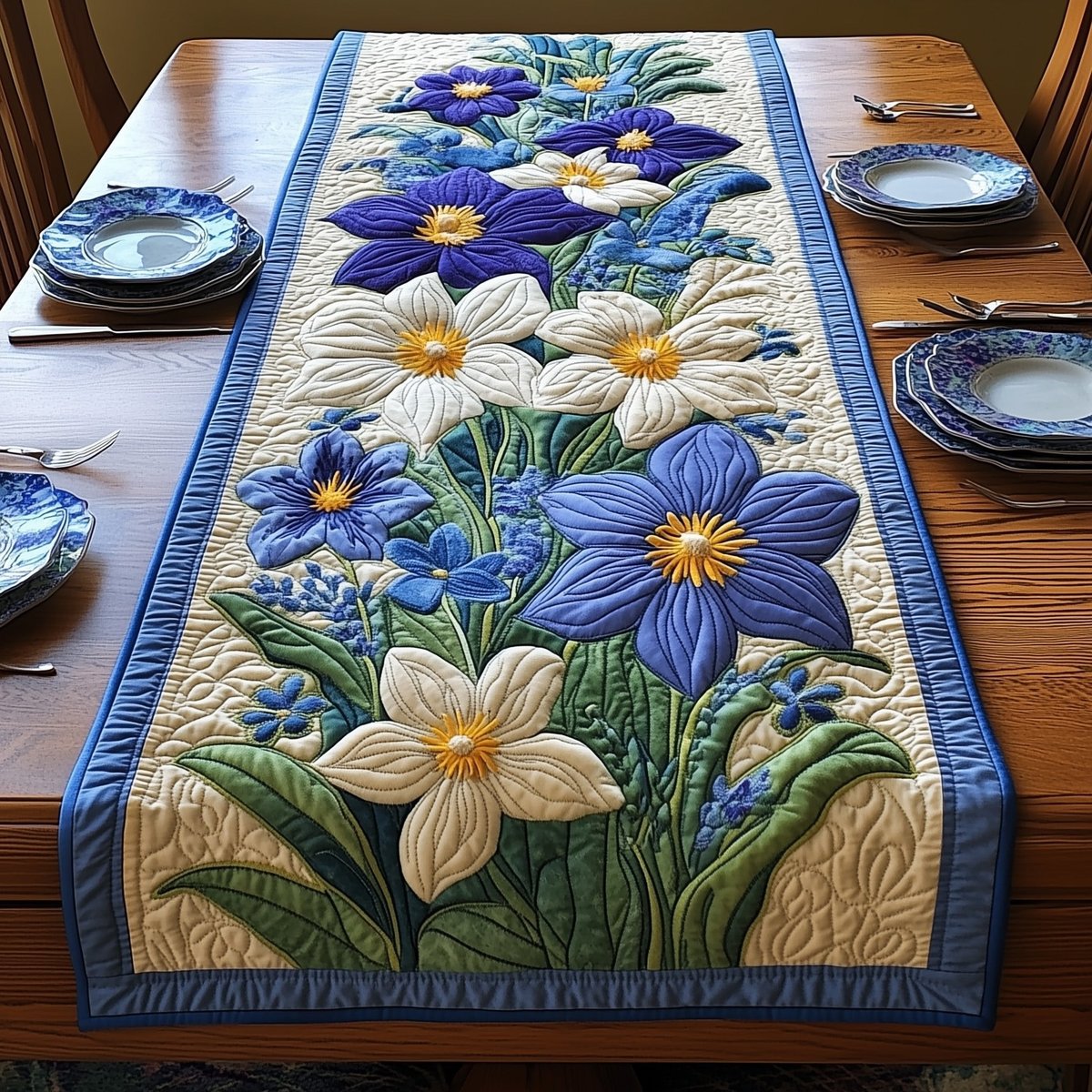 White Lilies and Blue Blossoms Table Runner - Made to Order TABLE928