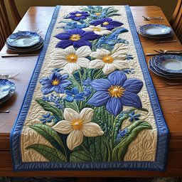 White Lilies and Blue Blossoms Table Runner - Made to Order TABLE928